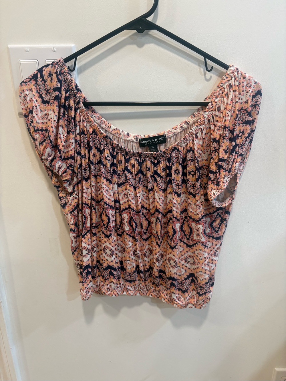 About A Girl Peach and Navy Printed Off-Shoulder Blouse